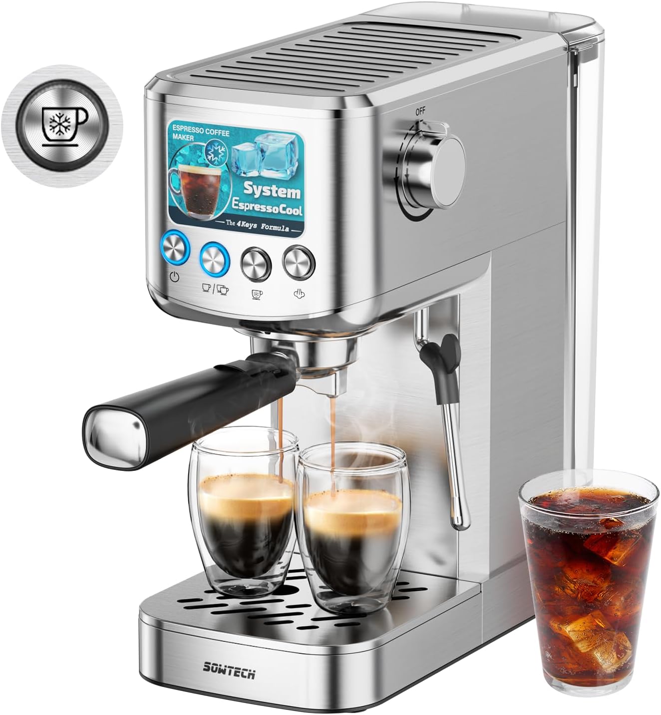 Sowtech 20 Bar Compact Espresso Maker — Stainless Steel, Milk Frother, 42 oz Tank